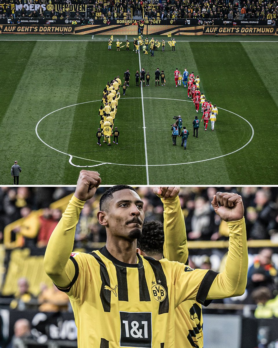 ESPNFC's tweet photo. On World Cancer Day, Sebastien Haller scored his first goal after being diagnosed with testicular cancer in 2022 ❤️

A bulge that symbolizes a tumor was added to the center circle at Signal Iduna Park to raise awareness for testicular cancer. https://t.co/w7I4uS9mXe