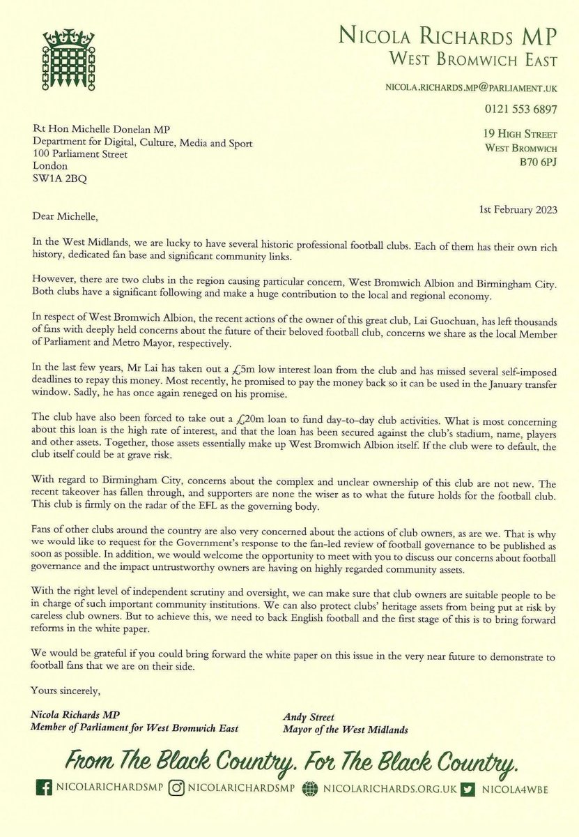 This is a letter sent by Andy Street and Nicola Richards to The Secretary of State for DCMS, which highlights the issues at WBA and Birmingham City. We are also sending it to The EFL Chairman, Rick Parry as a CC to raise awareness of the issues we are facing.