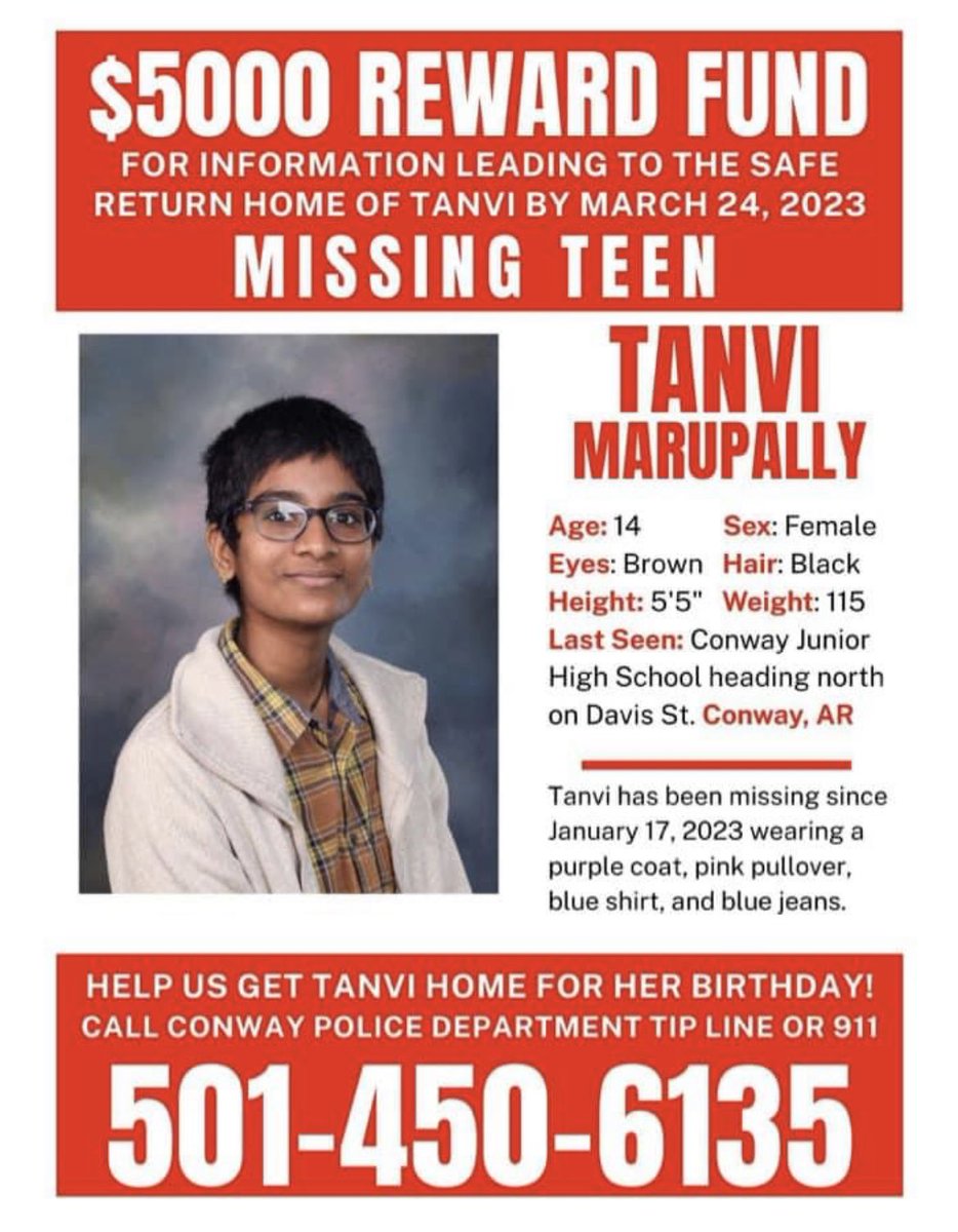 Will you please take a moment and retweet?  Tanvi is a student where my son goes to school - she’s been missing for nearly three weeks and we’re praying for her safe return.