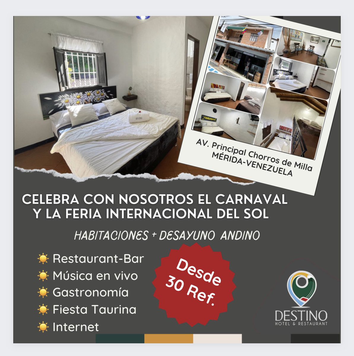 DestinoHr's tweet photo. FERIA INTERNACIONAL DEL SOL ☀️
📌RESERVA: Estamos ubicados en el corredor turístico Chorros de Milla, a 2 Km de la Plaza Monumental “Román Eduardo Sandía”

-Habitación matrimonial 30 Ref.
-Habitación cuádruple 40 Ref.
-Habitación quíntuple 50 Ref.

🤳 0424 7123569 -0412 1335892 https://t.co/GuSsGOtsZg