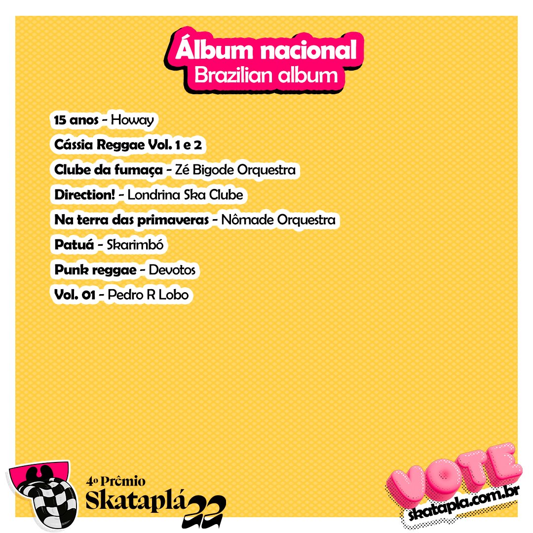 Melhor álbum nacional: @howayoficial, Cássia Reggae (<a href="/bassnunes/">fernando nunes</a> e Sérgio Fouad), <a href="/zbgd_orquestra/">zebigodeorquestra</a>, Londrina Ska Clube, <a href="/NOrquestra/">Nomade Orquestra</a>, Skarimbó, <a href="/devotos/">devotos</a> e Pedro R Lobo.