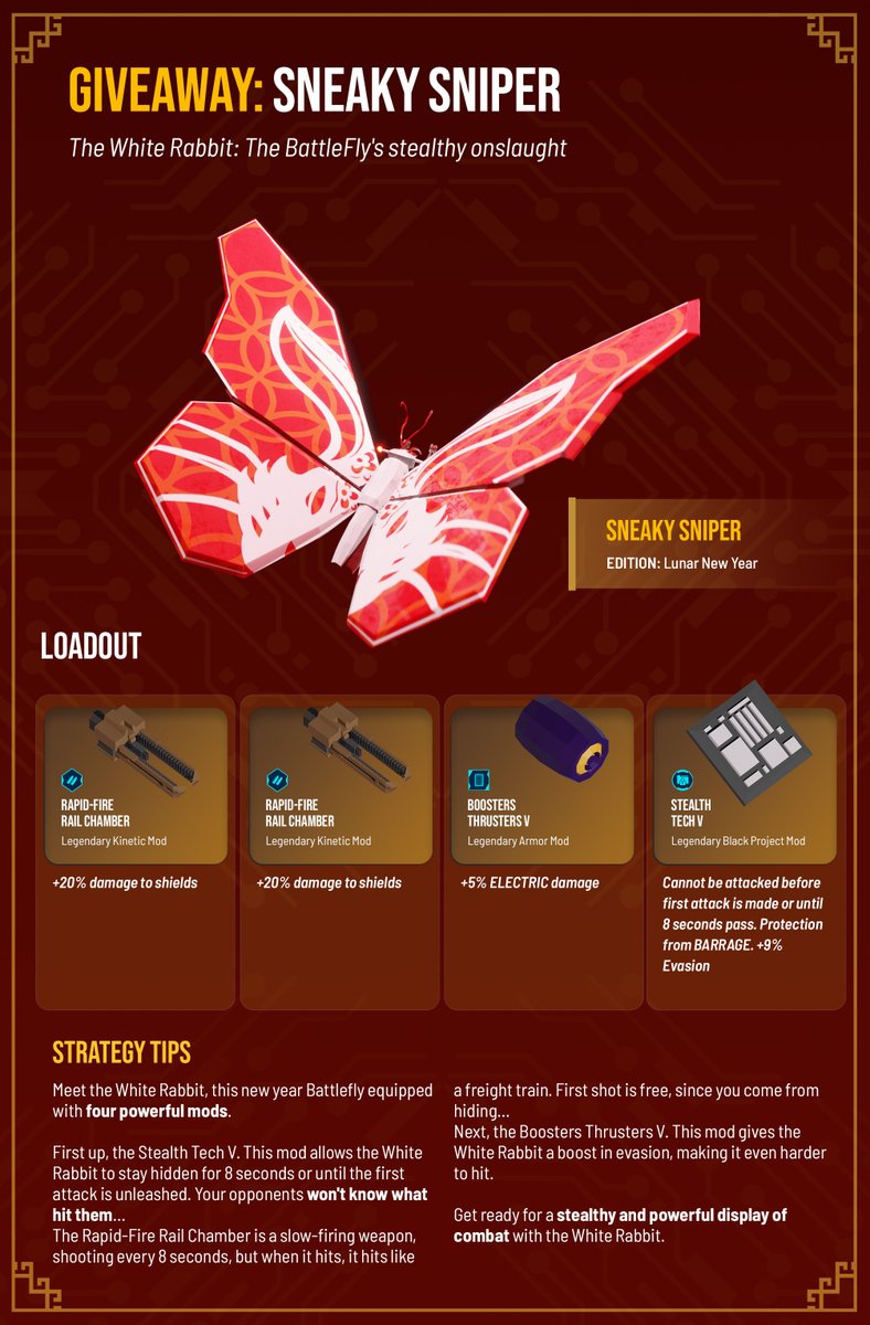🎉 GIVEAWAY #1: The Sneaky Sniper

Combat ready and pre-loaded with 4 Legendary Mods. The White Rabbit is stealthy &amp; evasive, yet hits like freight train.

RT + tag 2 friends for a chance to win this BattleFly.

Our game launches in T-minus 3  days 🚀