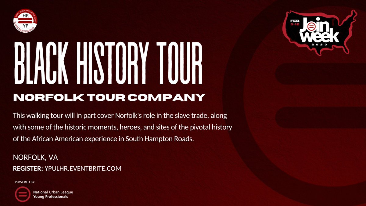 UrbanLeagueHR's tweet image. Join us tomorrow as we kick off #JoinWeek with a tour some of the historic sites and pivotal history of the African American experience in South Hampton Roads. Register for this FREE event at: ypulhr.eventbrite.com #OneMissionOneMovement #YoungProfessionals