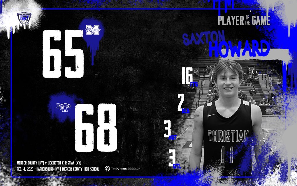 FINAL
Mercer County (KY) 65
Lexington Christian (KY) 68
Player of the Game: Saxton Howard 16p 2r 3a 3s

Tyler Hall 20p 6r 2a 1s 1b
John Perry 15p 8r 7a 1s 1b
Jackson Perry 14p 5r