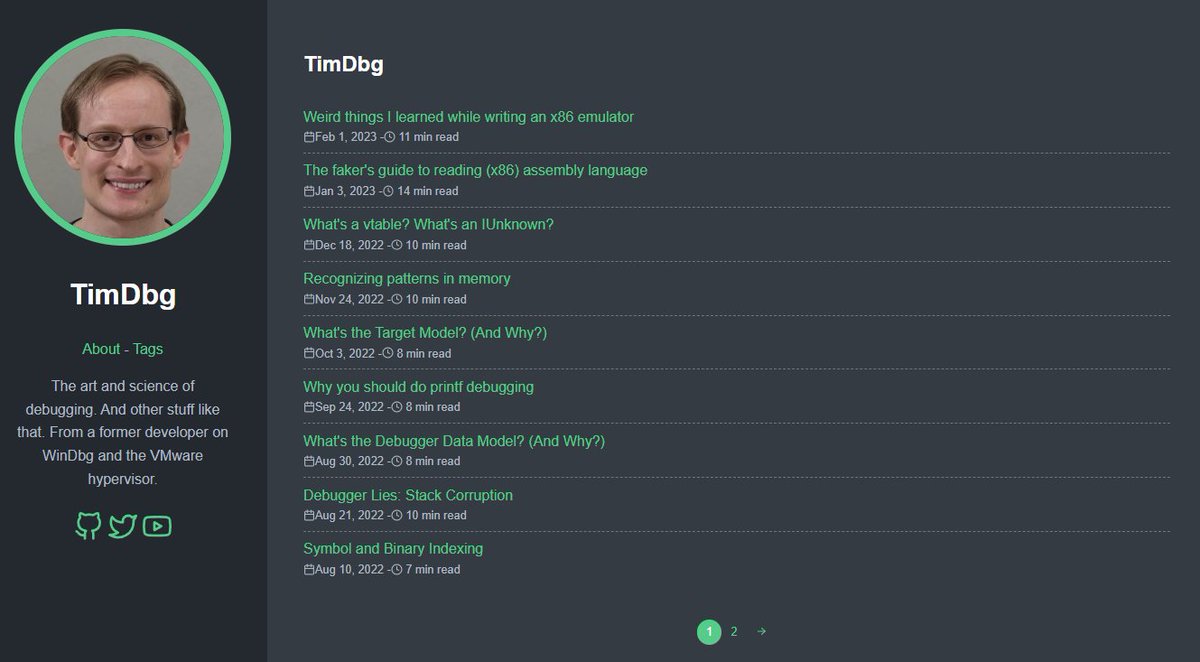 GlavniProgramer's tweet photo. I came around INCREDIBLY cool blog called "TimDbg - The art and science of debugging. And other stuff like that. From a former developer on WinDbg and the VMware hypervisor." by @timmisiak: https://t.co/K0pVH0WedC

Highly recommended! https://t.co/4ZiDt9EHPb