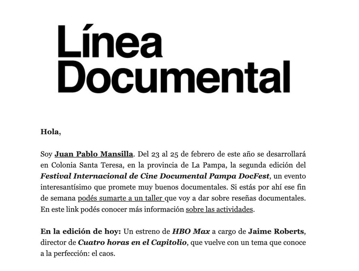 MigueRoth's tweet photo. Hace tiempo me suscribรญ a โLinea Documentalโ del groso de @juanpmansilla / es EL newsletter sobre cine nonfiction.
Al abrirlo, veo que habla de #Retrogade (ยกvรฉanlo!) y hace menciรณn directa al #PampaDocFest
ยกque se pone cada vez mejor! https://t.co/qhjnf0WXaj