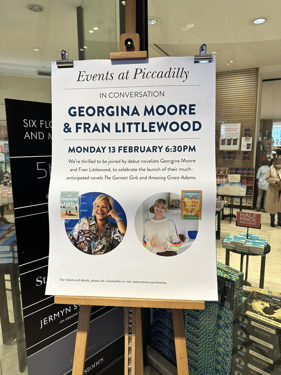As we walked into @WaterstonesPicc, we were greeted with this promotion. It’s so funny to me to see Georgina @PublicityBooks referred to as “debut author” because she’s such a publishing icon. If anyone should have been writing for years, it should have been her. #TheGarnettGirls