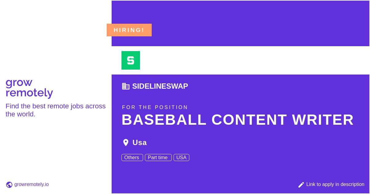 growremotelyio's tweet image. Check out this job at SidelineSwap for the position Baseball Content Writer.

 Apply link: growremotely.io/?id=63dda41b7b…

#hiring #remotejobs #SidelineSwap #Others