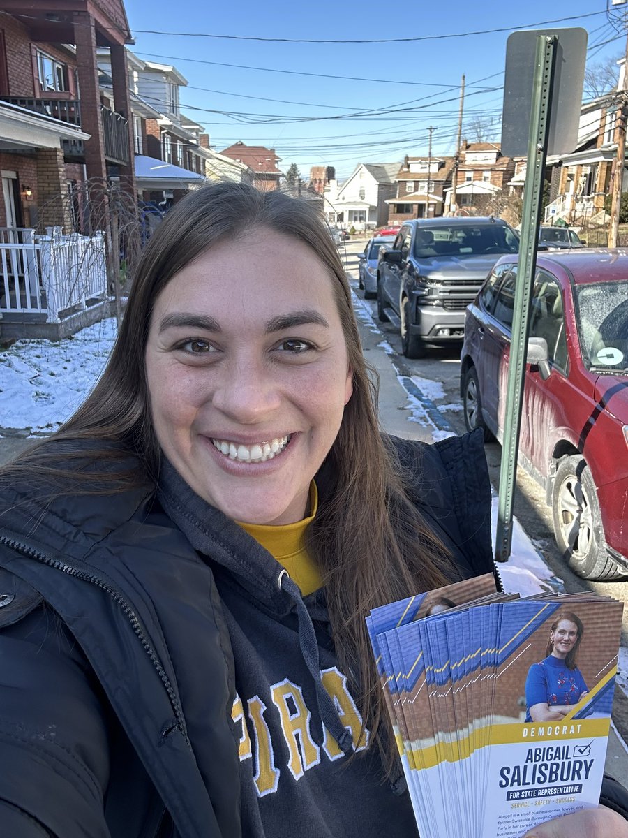 bethanyhallam's tweet photo. It was freezing cold but the sun was shining ☀️ so we were out knocking doors in Swissvale today reminding voters of Tuesday’s Special Election for @abigsalisbury and a STATE HOUSE MAJORITY!!!!!! https://t.co/44FxyNTJvU