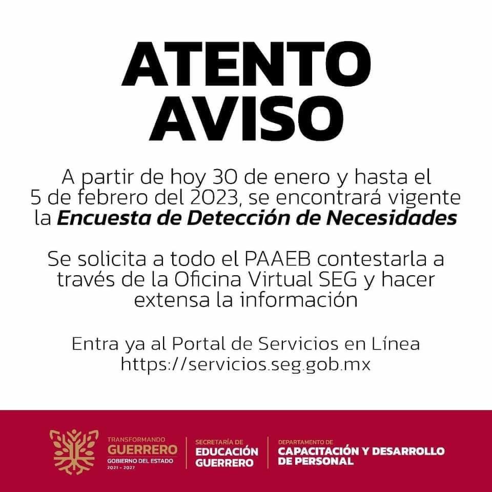 EducGuerrero's tweet photo. 📣#Recuerda| Si eres personal #PAAEB participa en la Encuesta de Detección de Necesidades 2023. 👩🏻💻👨🏻💻
Hasta el 5️⃣ de febrero ⬇️ ingresa a 📎 https://t.co/lLkc5aaXDy https://t.co/pXWVPEJvSh
