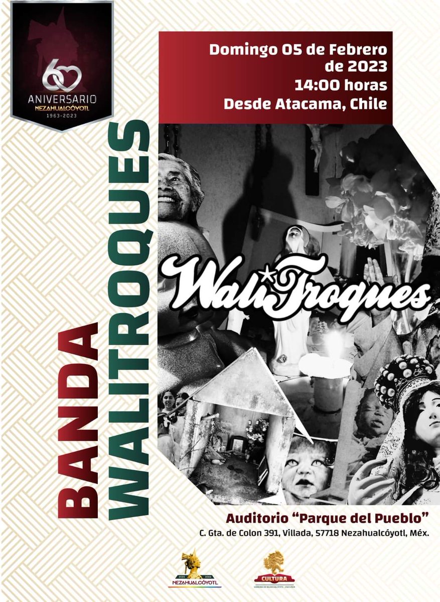 GobNeza's tweet photo. #MúsicaEnVivo | La Dirección de Cultura, junto a la #Embajada de #Chile,te invitan a presenciar el concierto de la Banda Walitroques, este domingo 5 de febrero, en punto de las 14 horas, en el Auditorio al Aire libre del #ParquedelPueblo
#NezaCapitalMulticultural #60Aniversario https://t.co/GqNQifMPvf