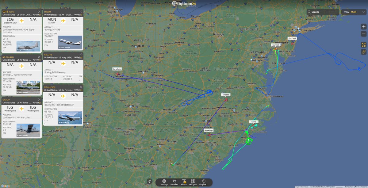 kinshachi3's tweet photo. アメリカ本土上空を飛行してきた中国の気球を大西洋沿岸でアメリカ軍が撃墜したとの報道。

#USN
#GIRL21 E-6B
#GULCH19 E-6B

#USAF
#SPICE98 E-4B
#PEACH89 E-8C
#SHINR40 RC-135V
#CASTL37 C-130H
KC-135R

#USCG
#C213 HC-130J

#RCAF
#CFC3145 CC-150 https://t.co/wPfGjE0kmo