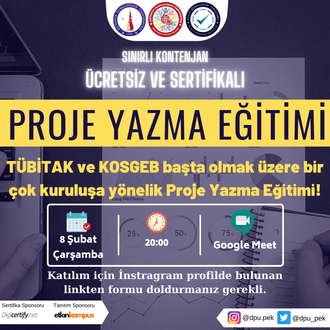 Ücretsiz ve sertifikalı Proje Yazma Eğitimimiz 
✔️ Çarşamba günü Google Meet üzerinden yapılacaktır.
✔️ Sınırlı kontenjan vardır.
✔️ Katılmak isteyenler linkten form doldurabilir; docs.google.com/forms/d/e/1FAI…

<a href="/universitemDPU/">Kütahya Dumlupınar Üniversitesi</a>