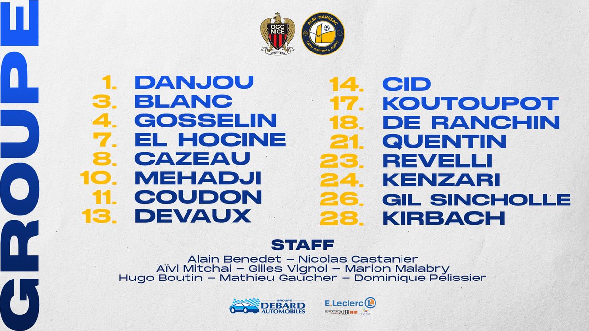 amtf_asptt's tweet photo. Voici le groupe retenu par Alain Benedet pour affronter l’OGC Nice cette après-midi !
Coup d’envoi à 14h30 !
💙💛
#AMTF #PlusFortsEnsemble #D2F #OGCNAMTF https://t.co/k5wSOH9k7q