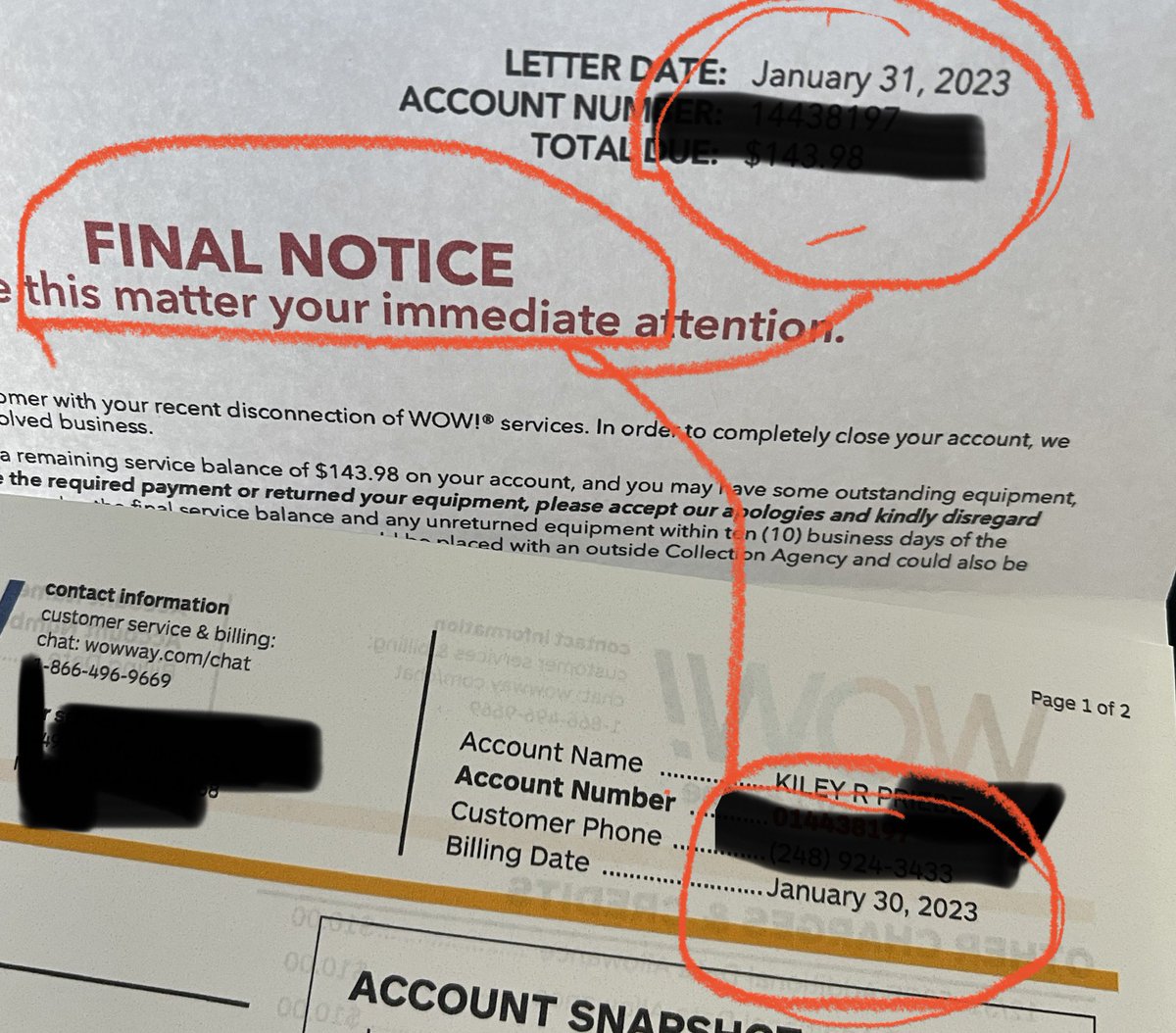KileyPriebe's tweet photo. @WOWCare just another in a long list of reasons stopped using WOW. One business day for the final notice. #Horrible #DoBetter #wowway https://t.co/3bag9ClZIn