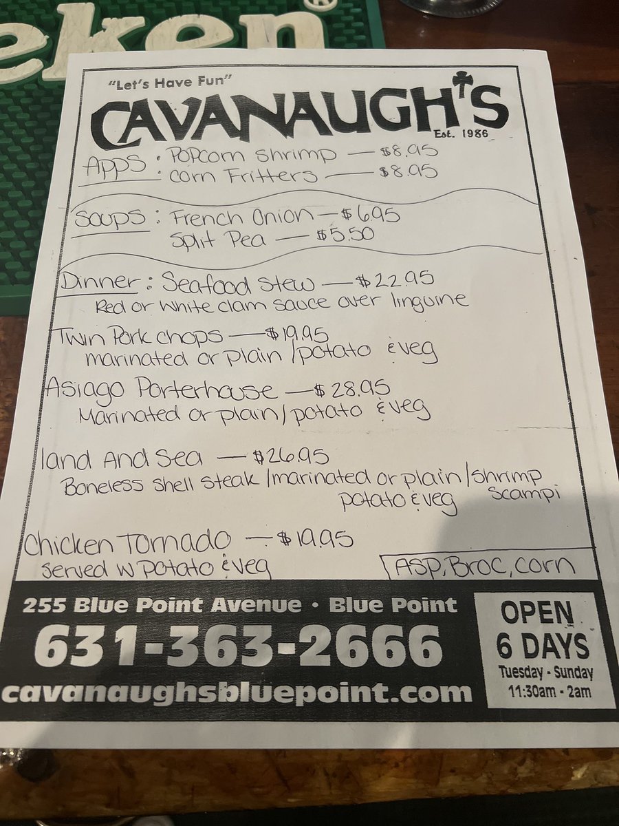 Cavanaugh's on Twitter "Saturday night dinner specials, kitchen open till 930pm. Serving