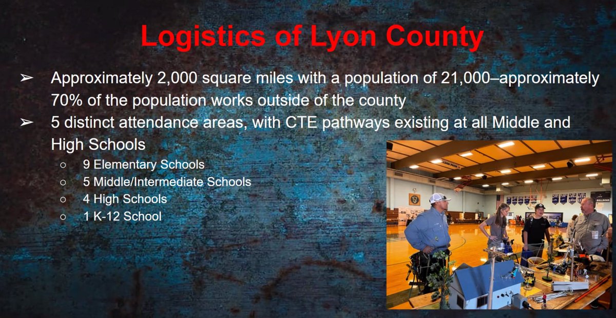 Nicole Taylor from @lyoncsd is presenting on providing WBL in a rural community at the @NvActe virtual conference. It cannot be easy to find WBL opportunities for students when 70% of the county's population works outside of the county. #CTEMonth @NVSupt  @NevadaReady @NV_GOWINN
