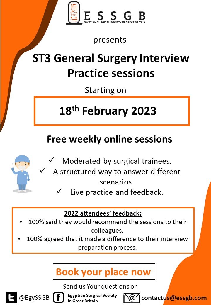 EgySSGB's tweet photo. Dear all
We are delighted to announce this year ST3 General Surgery Interview practice sessions starting on 18th of February.
To book your place , follow the link https://t.co/pyfg6SuqsR
** Watch last year ST3 interview tips video on our YouTube channel: https://t.co/nLJaw168Jx https://t.co/UExwkhbz5w