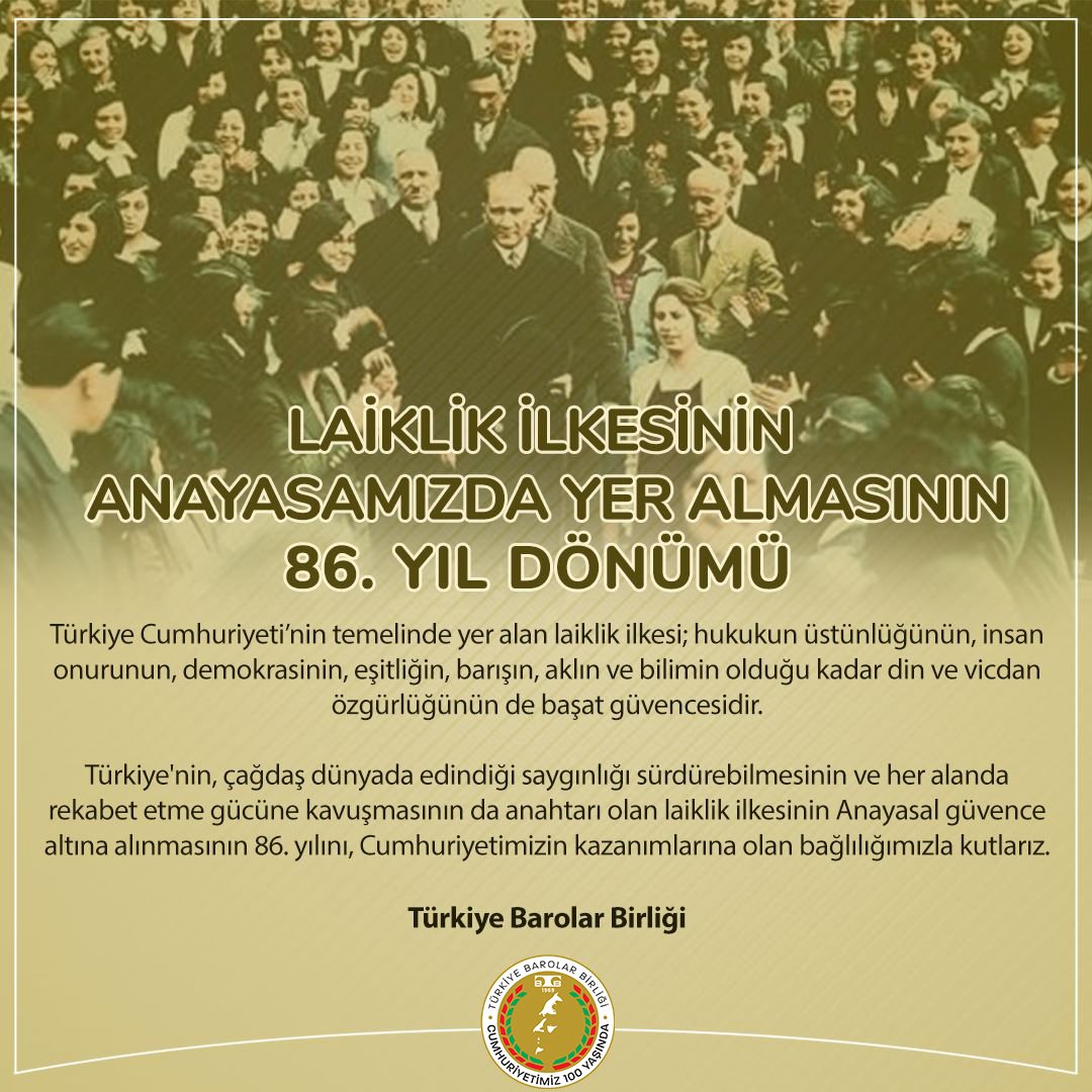 Türkiye'nin, çağdaş dünyada edindiği saygınlığı sürdürebilmesinin ve her alanda rekabet etme gücüne kavuşmasının da anahtarı olan #laiklik ilkesinin Anayasal güvence altına alınmasının 86. yılını, Cumhuriyetimizin kazanımlarına olan bağlılığımızla kutlarız.