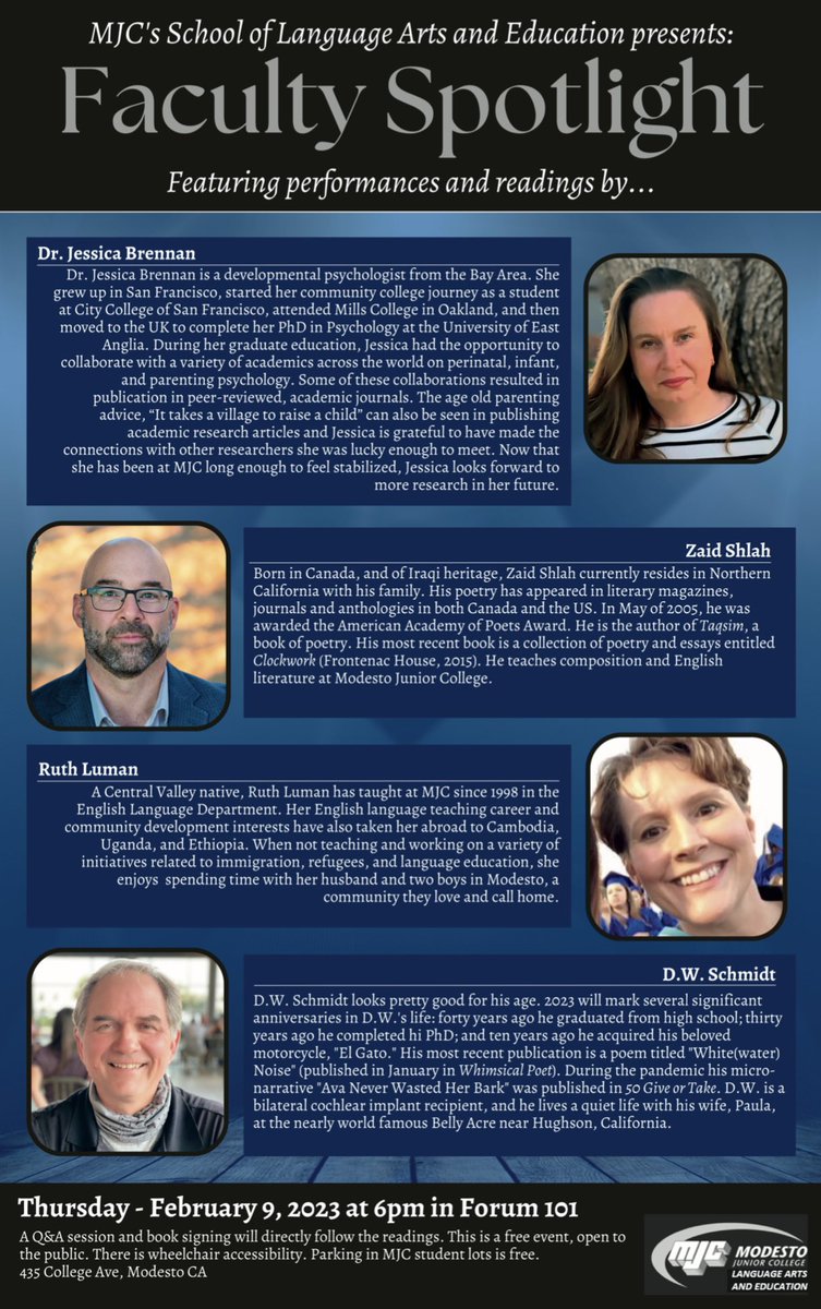 The School of Language Arts and Education is pleased to announce this year’s Faculty Spotlight, held on campus for the first time since 2019. Join us on Thursday, Feb 9th <a href="/6pm/">Follow us @Shop6pm!</a> in Forum 101 for an evening of creative expression and community. Refreshments will be provided.