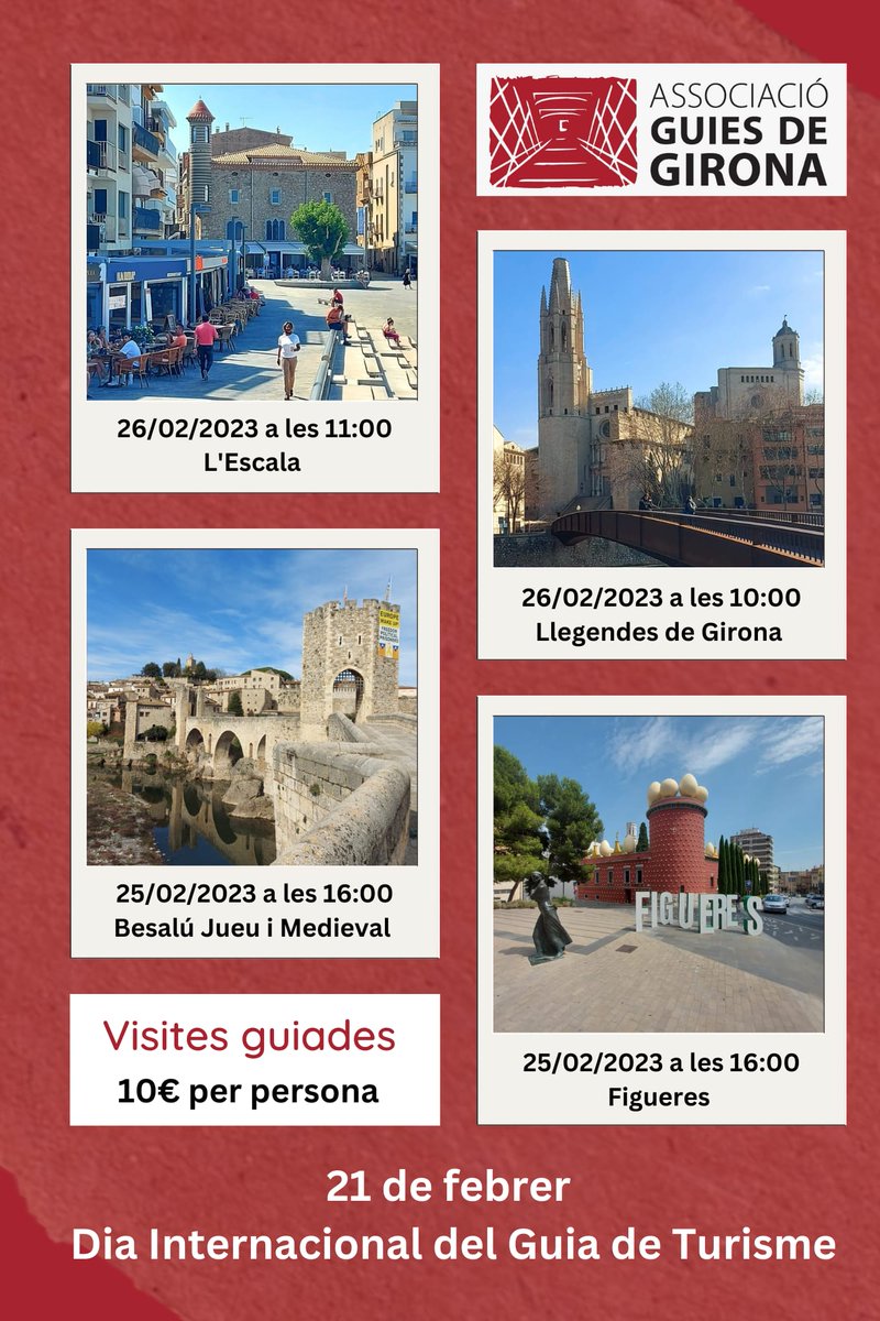 Pel Dia Internacional del Guia de Turisme us oferim les visites guiades: ⚜️ 26/02 a les 10h - Llegendes de Girona 📱606 21 69 21 ✡️ 25/02 a les 16h - Besalú 📱619 117 442 ⛪ 26/02 a les 11h - l'Escala 📱626 49 99 85 🏰 25/02/23 a las 16h Figueres 📱673 63 32 18