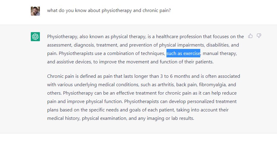 aroldanfisio's tweet image. ChatGPT nombra el ejercicio como 1ª técnica que usamos los fisios. Qué tío