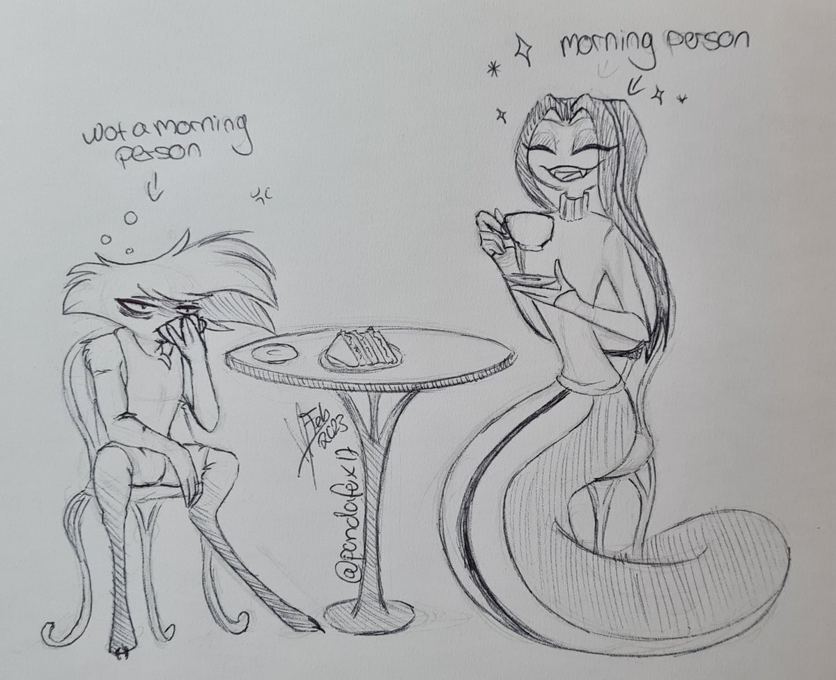 I've drawn your request ^^ Arackniss ain't much of a morning person tho XD

#HazbinHotelArackniss #Arackniss #HazbinHotelSirPentious #Pentniss