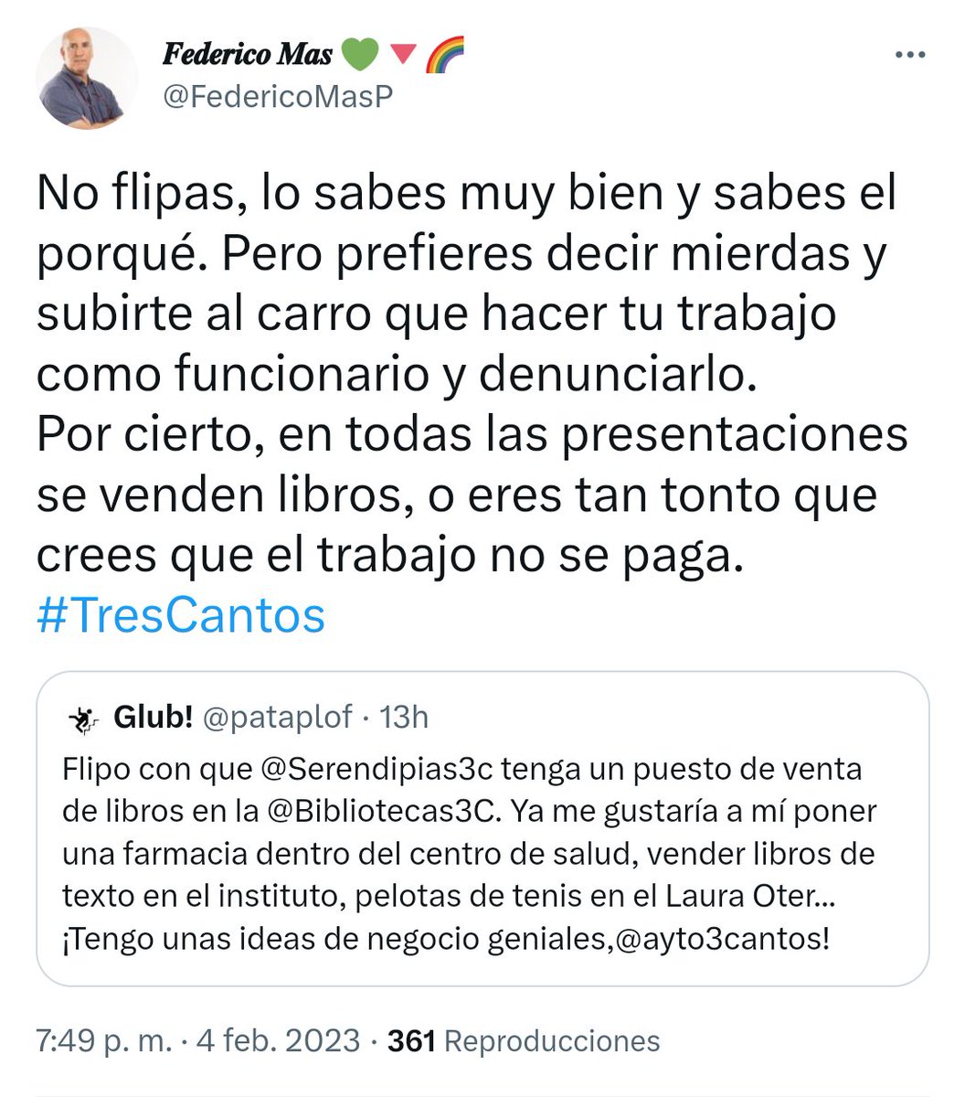 Observatorio Transparencia Tres Cantos (@transparencia3c) on Twitter photo Federico Más, portavoz adjunto de <a href="/Ganemos3C/">Ganemos Tres Cantos</a>, perdiendo los papeles por enésima vez.
El Festilij:
✅ Recibe dinero público a dedo
✅ Utiliza un espacio público, donde pone un punto de venta
✅ Publicita la librería por los colegios
Cuanto menos, es debatible su planteamiento. Federico Más, portavoz adjunto de <a href="/Ganemos3C/">Ganemos Tres Cantos</a>, perdiendo los papeles por enésima vez.
El Festilij:
✅ Recibe dinero público a dedo
✅ Utiliza un espacio público, donde pone un punto de venta
✅ Publicita la librería por los colegios
Cuanto menos, es debatible su planteamiento.