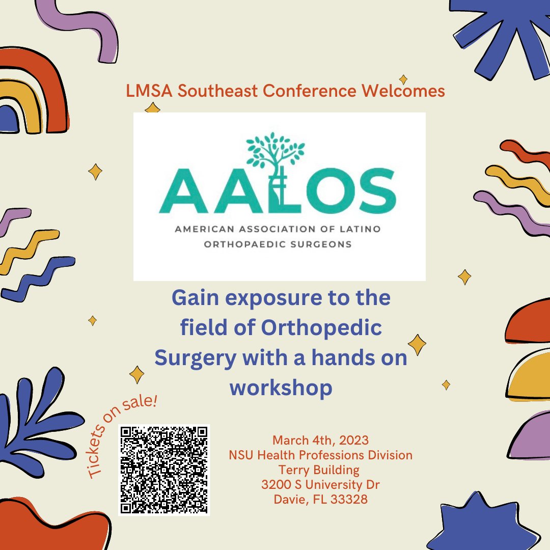LmsaSoutheast's tweet photo. We're so excited to partner with @aalos_social for an incredible workshop to help you gain exposure to the field of #OrthopedicSurgery! ¿Que estas esperando? compra tus boletos hoy! Use the QR code below. #LMSASE2023Conference https://t.co/O5VQZbRU3p