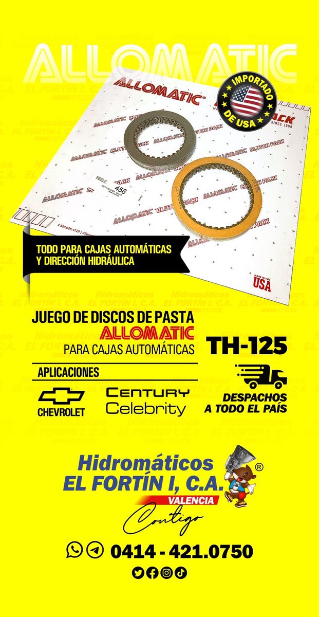 HidromaticosI's tweet photo. Juego de Discos de Pasta – Marca #allomatic – Cajas Automáticas TH-125 / Aplica para @chevrolet #century #celebrity / Importado 🇺🇸 / Rebajas todo el año... #despachosatodoelpaís
Hidromáticos El Fortín I, C.A.
¡Contigo...!
WhatsApp y/o Telegram a través del +58 414-4210750 https://t.co/qPJab1sHVk