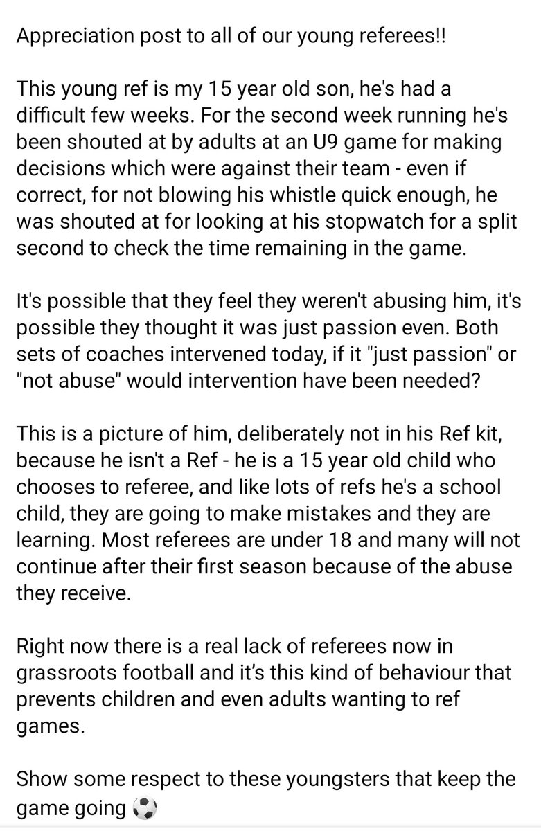 PaulKirton_'s tweet photo. 🗣️Another weekend and another distressed child!

For the 2nd week running my 15yr old son had been shouted at by adults at an U9 game for making decisions which were against their team - even if correct, for not blowing his whistle quick enough, he was shouted at for.. https://t.co/4JG44NL0uE