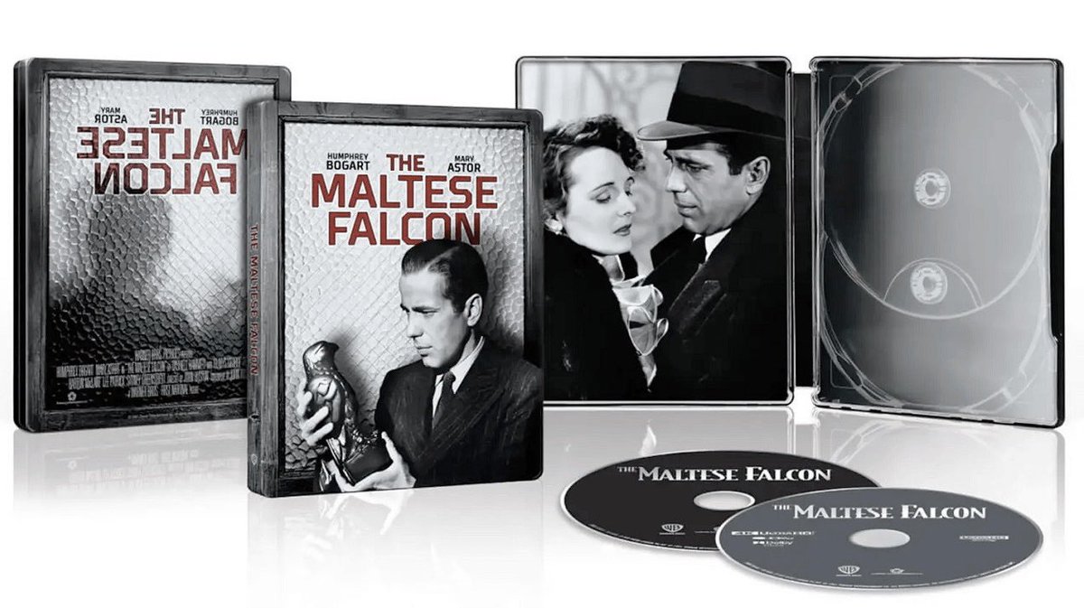 Coming to #4KUltraHD plus @BestBuy Exclusive #Steelbook via Warner Bros on April 11, 2023 

Written & Directed by #JohnHuston 

Starring #HumphreyBogart 

The Maltese Falcon (1941) 

#FilmTwitter #Cinema #1940s #Noir #FilmNoir #PhysicalMedia