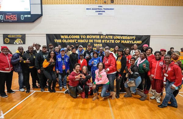 PresBreaux's tweet image. The @BowieState Bulldogs were honored to welcome the Divine Nine sororities and fraternities and the @BSUNAA to the cheer on the Bulldogs. We thank them all for the excitement and the support they brought to the WBB and MBB games today.