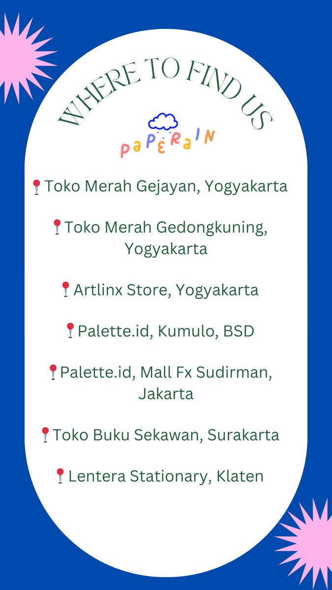 paperain_studio's tweet photo. 📍WHERE TO FIND US?
Buat teman-teman yang mau belanja offline, cek gambar dibawah yuk! Next, enaknya kita buka di kota mana yaa?🤔Reply below!👇 https://t.co/IMsTlmmWU9