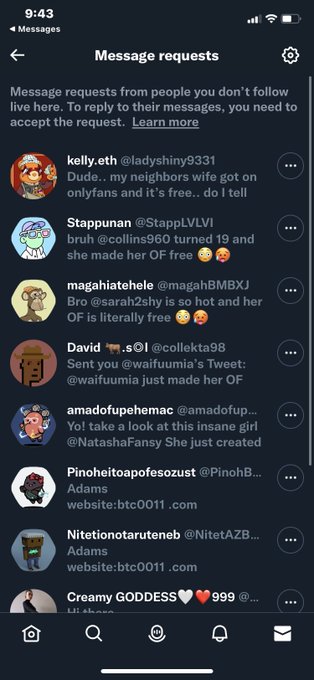 Anyone else’s dm feed look like this ? #spam #bots #Twitter #nsfwtw https://t.co/0rrsyXiEL1