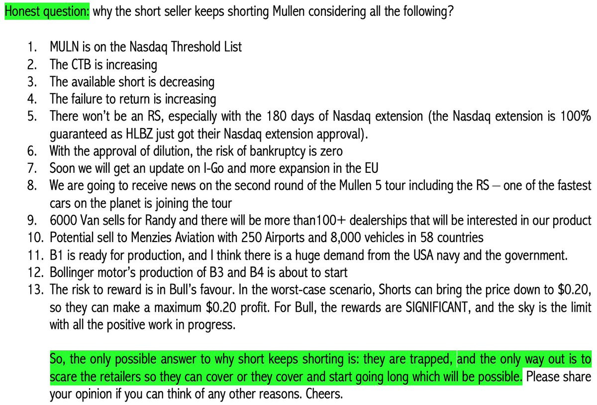 007bull07's tweet image. Why does the short seller keep shorting $MULN considering all the following? The short answer is they are trapped. @Mullen_USA @DavidMichery Please consider joining the #NakedShortWar asap.