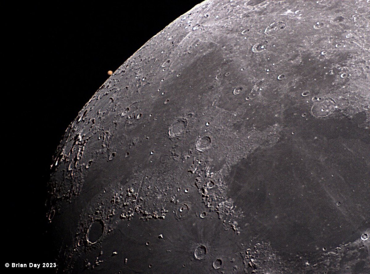 A stunning pic of the recent eclipse of #Mars by the moon taken by Brian Day from <a href="/NASA/">NASA</a>  <a href="/NASAAmes/">NASA Ames</a> . Mars looks tiny but it is about 135 million miles from #Earth  right now whereas the moon is about 235,000 miles (237 mil km &amp; 378k kms)! Your thoughts about the pic?!?!