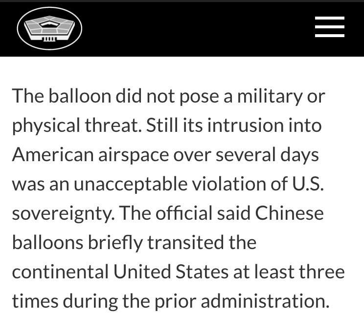 Wow. The US military just confirmed in an official statement that there were at least THREE Chinese spy balloons that flew over the US when Trump was president. Trump kept it a secret and did not shoot them down. The Republican narrative just imploded. defense.gov/News/News-Stor…