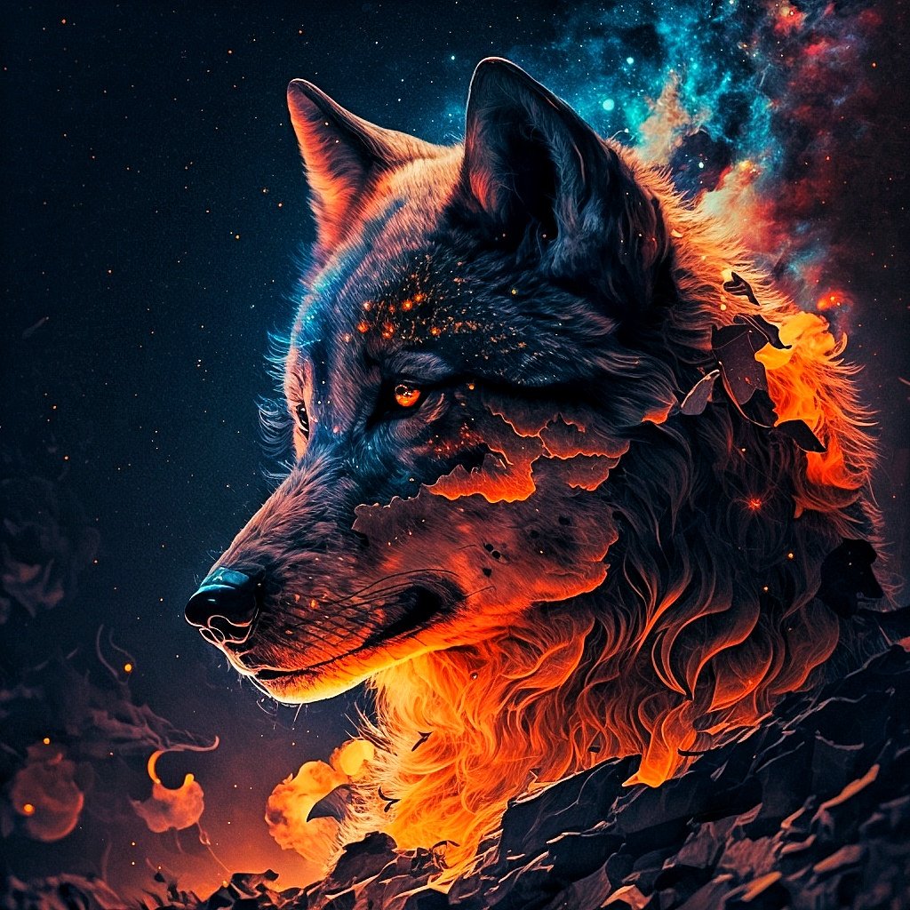 Azoth88's tweet photo. This was made with just emojis 🐺🌌💥🔥⚡ #midjourney #aiart https://t.co/MI5lkCNs5x