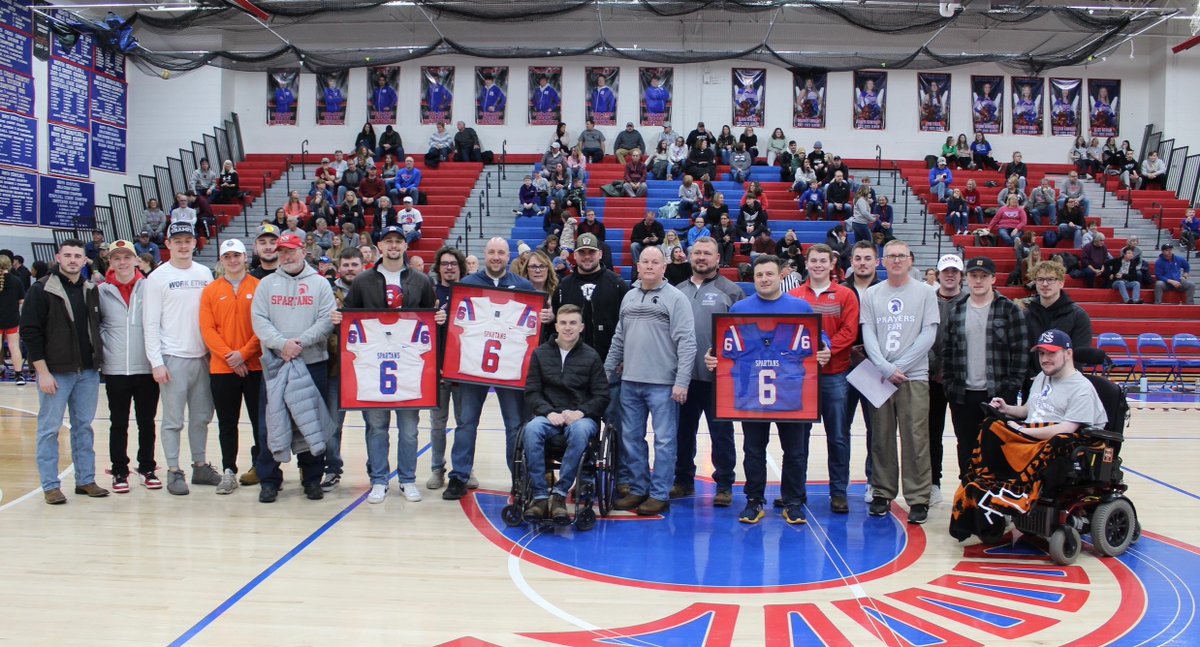 NSAthletics1's tweet photo. Thank you to Jaden Leiby, his family, friends, coaches, teammates, athletic trainers, booster club members, media, and all of the Spartan fans who attended today's special #6 jersey enshrinement ceremony.  
We will always "preserve, protect, and respect" Jaden Leiby's #6 jersey! https://t.co/YKNcCpDOuQ