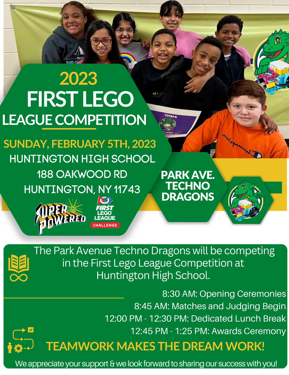 This Sunday, February 5th, the Park Avenue Techno Dragons will be competing in the First Lego League Competition! The details for the event are in photo below. We thank you for your continued support and encouragement.