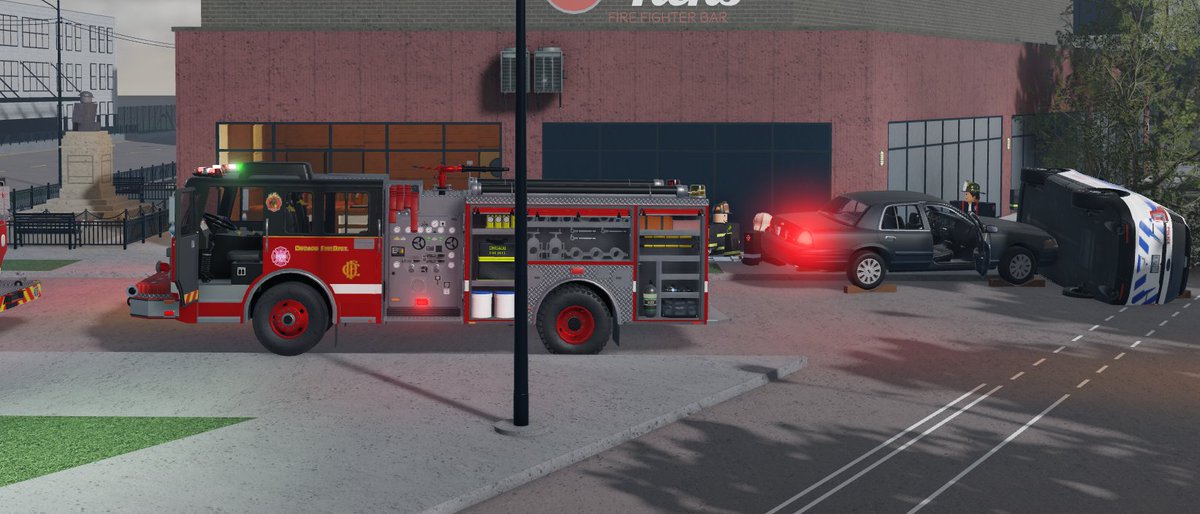 NSWRPServices's tweet image. Engine Company 18 and Squad Company 2 responded to a Multiple Vehicle Accident outside Yukes bar. In total 4 victims including two officers from 
@CPD_RBLX
 are in critical condition after colliding. Investigation is underway. #RobloxChicago #RobloxDev #Roblox