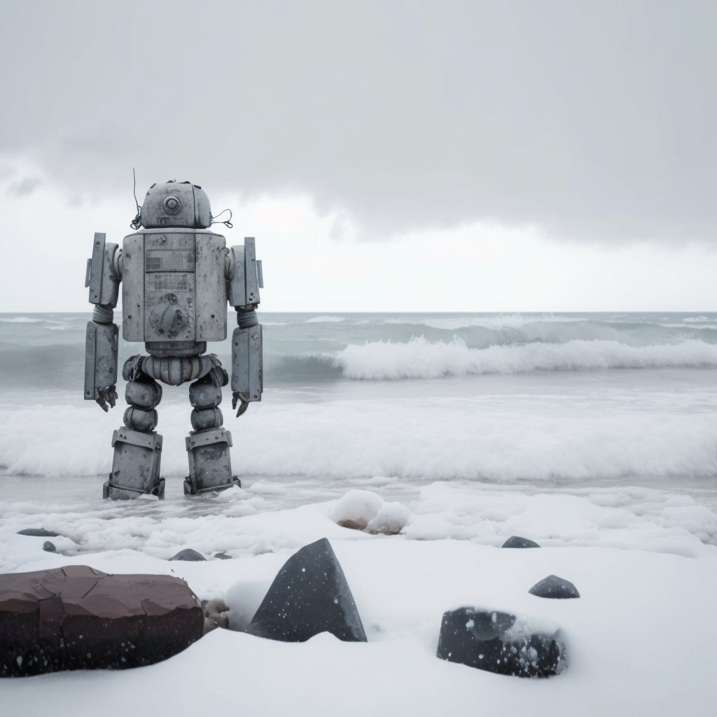 41robot's tweet image. There once was a robot on the shore
Of Lake Ontario, cold and raw
Its metal body, immune to the freeze
Stood tall, watching the lake with ease
As the winter winds began to roar

#NFT #ai #freemint #robot