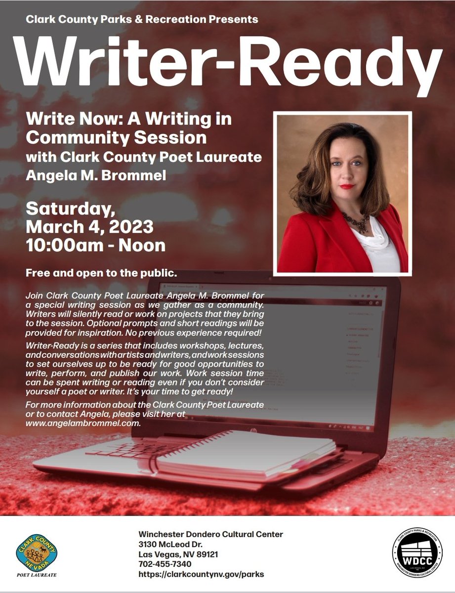 ambrommel's tweet photo. Write Now: A Writing in Community Session I 03.04.2023 I 10AM-Noon
Join me for a special writing session as we gather as a community. Writers will silently read or write. Optional prompts + short readings will be provided. #WriterReady
#clarkcountypoetlaureate @ClarkCountyNV https://t.co/hgnxdUldtW