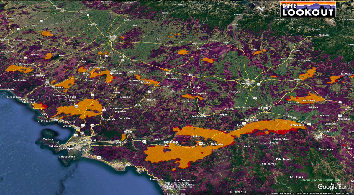 Hice un poco de #mapping de los #IncendiosForestales en #Chile hoy. A las 0530 GMT del 4/2/23, los incendios habían quemado alrededor de 500,000 acres. A las 1700 GMT, han crecido a 595.000 acres. Las áreas moradas son plantaciones de árboles.
Fuente: Datos satelitales VIIRs.