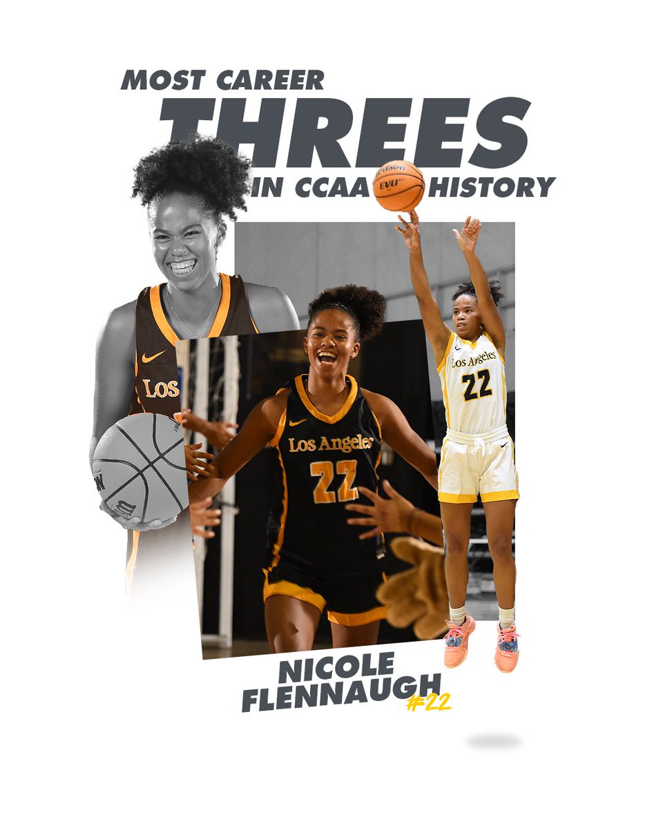 LAGoldenEagles's tweet photo. SHE’S DONE IT!

Nicole Flennaugh breaks the CCAA all-time career three-pointers record and writes her name into conference history! 

Flennaugh passes Maddy Wong of Chico State with 227 career threes in her 75th career game.

Congratulations, Nicole! 

#WeAreLA // #ElevateLA https://t.co/pXrTZBlIB0