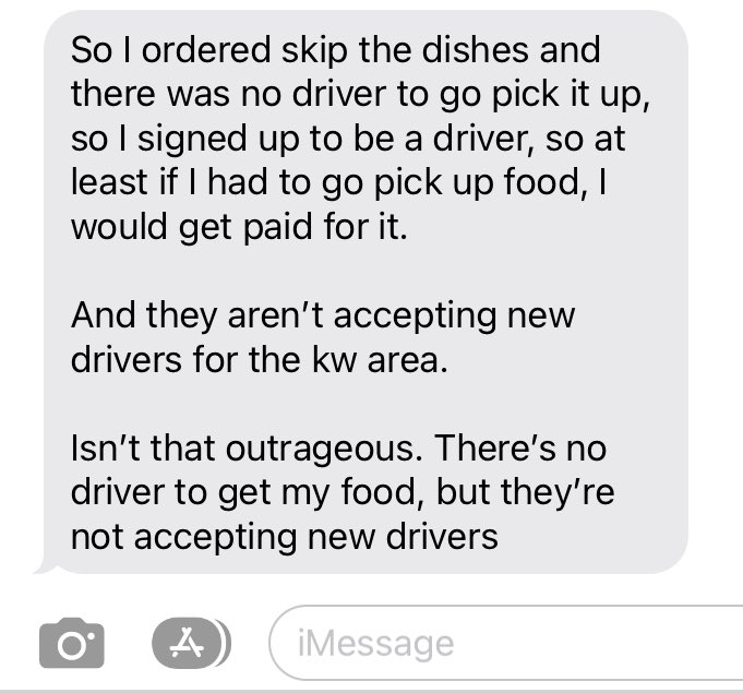WDSchumm's tweet photo. Just got this text from our daughter… Seems like a government program 🤦 #skipthedishes #greatbusinessmodel https://t.co/eQeumTHubk