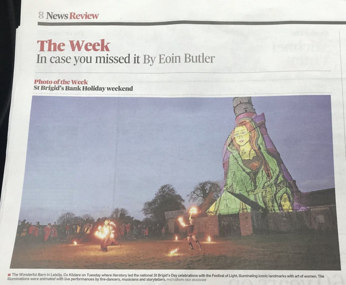 HerstoryIreland's tweet photo. Fantastic that the #Herstory Festival of Light made the @IrishTimes Picture of the Week for #StBrigidsDay #Imbolc, snapped by  @bradshawphotos with this stunning artwork of Brigid by Lizzie Madden from Sligo https://t.co/BOomHmVU4m