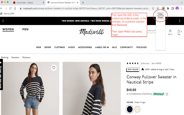 schwentker's tweet photo. .@bessyboodle presents Relish
An AI assistant to create clothing resale listings on Depop
* Generate listing descriptions, hashtags, categories
* Real-time suggestions inside Depop "create a listing" page
Chrome ext: https://t.co/McBj1NBrzQ
@_buildspace #nws2 https://t.co/VNRB5EBtVe