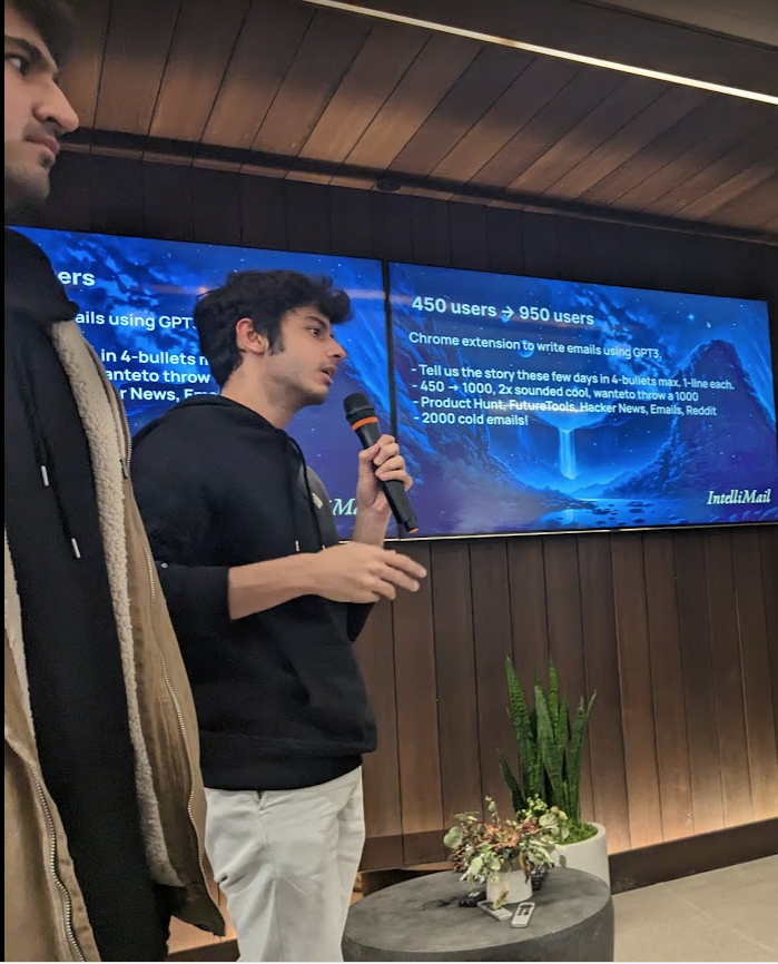 schwentker's tweet photo. .@janaksunil presents IntelliMail
Chrome extension that writes emails using GPT3
* Sent 2,000 cold emails
* Posted on Product Hunt, Future Tools, Hacker News & Reddit
https://t.co/PWZAMBvm9h
@_buildspace #nws2 https://t.co/nK72hZLk0b